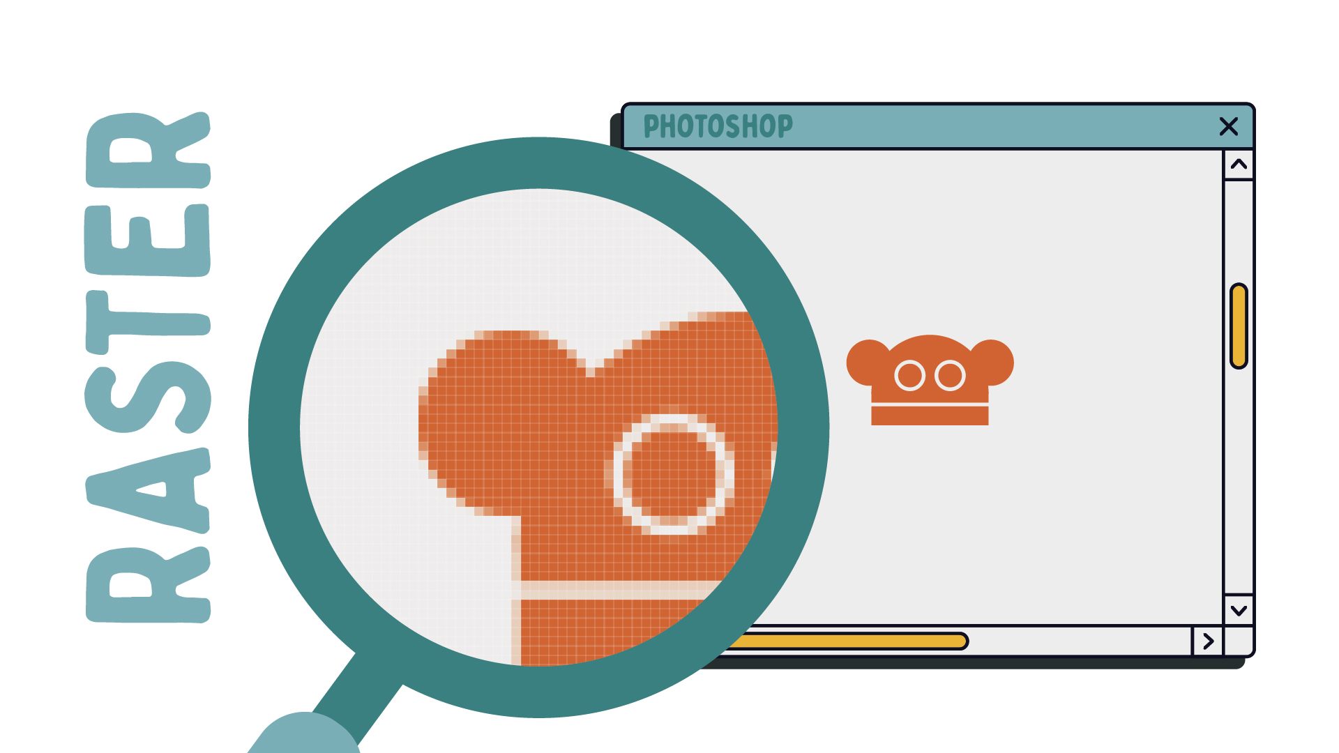 Adobe Photoshop window screen open with the rusty monkey logo, a magnify glass is over the computer window to show that the logo is a raster, made of pixels