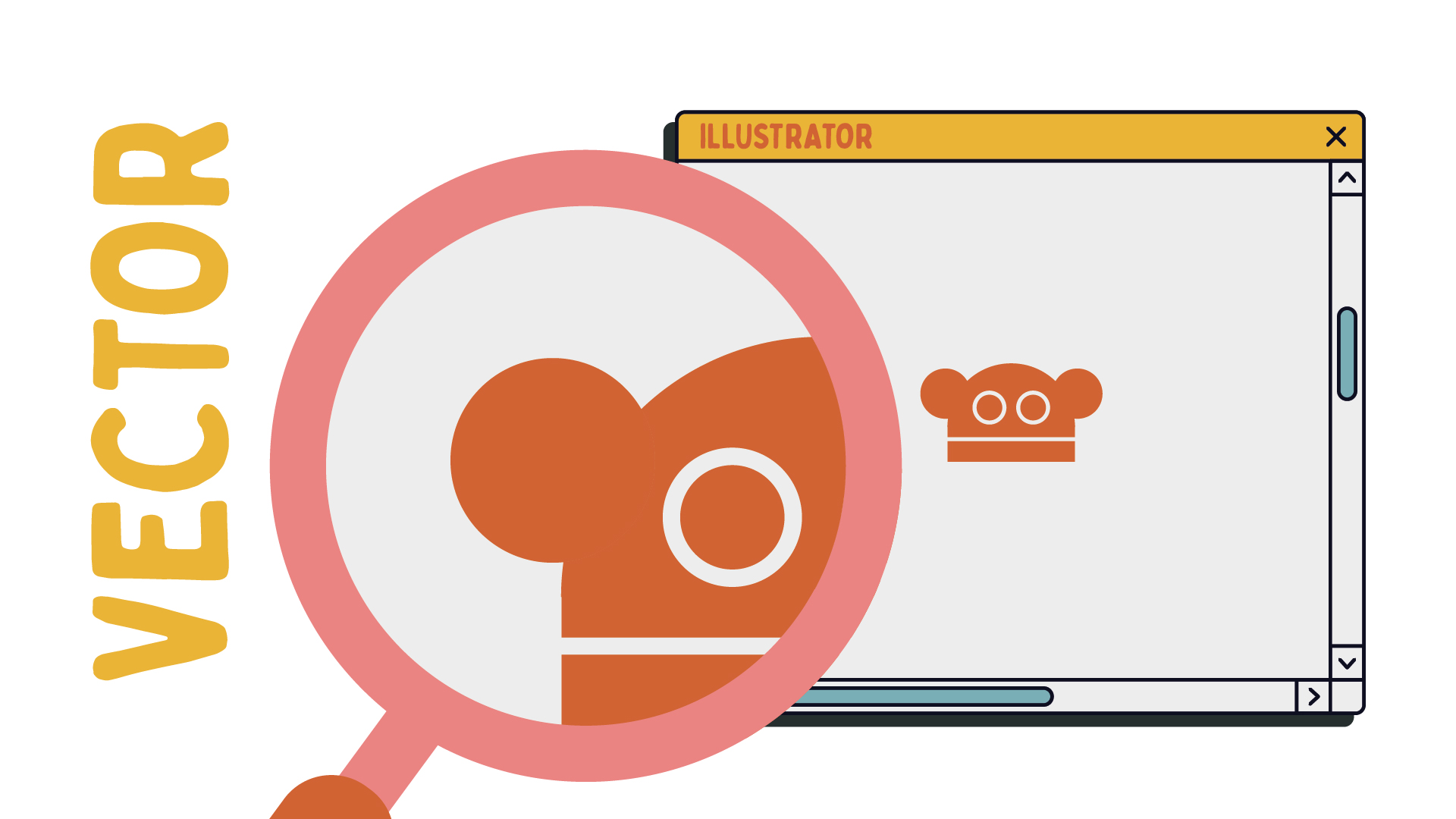 Adobe illustrator window screen open with the rusty monkey logo, a magnify glass is over the window to show that the logo is a vector, with smooth crisp edges