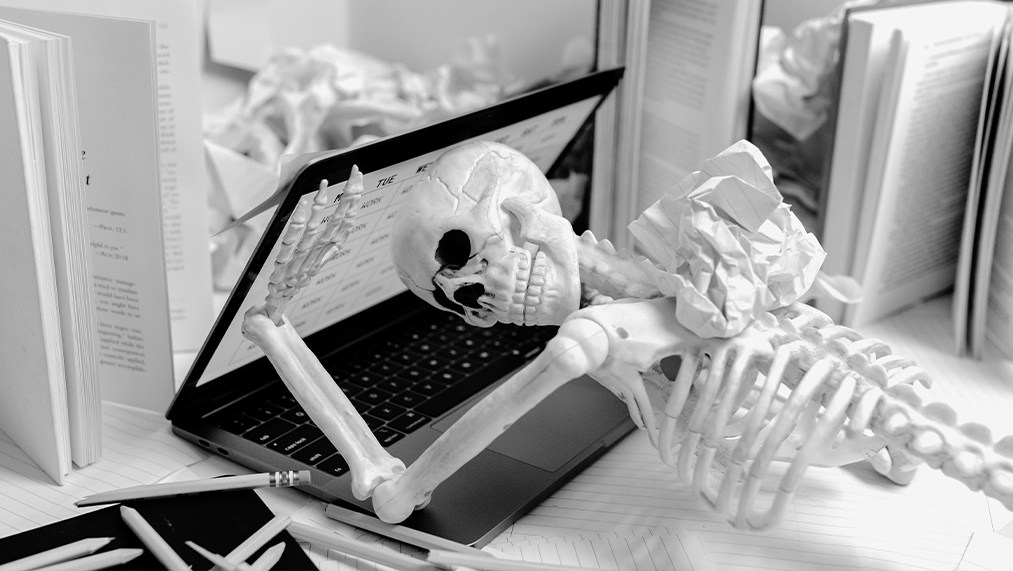 skeleton and laptop