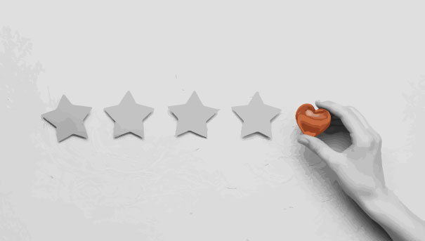 a 5 star review where the 5th star is a love heart being placed by a hand