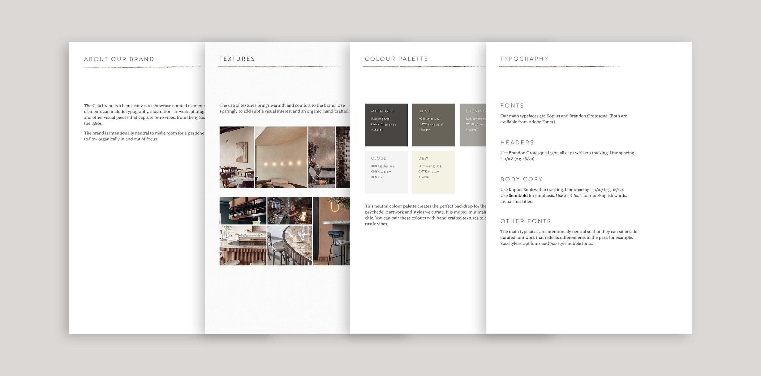 Caia final brand guidelines showing textures, colour palette and typography