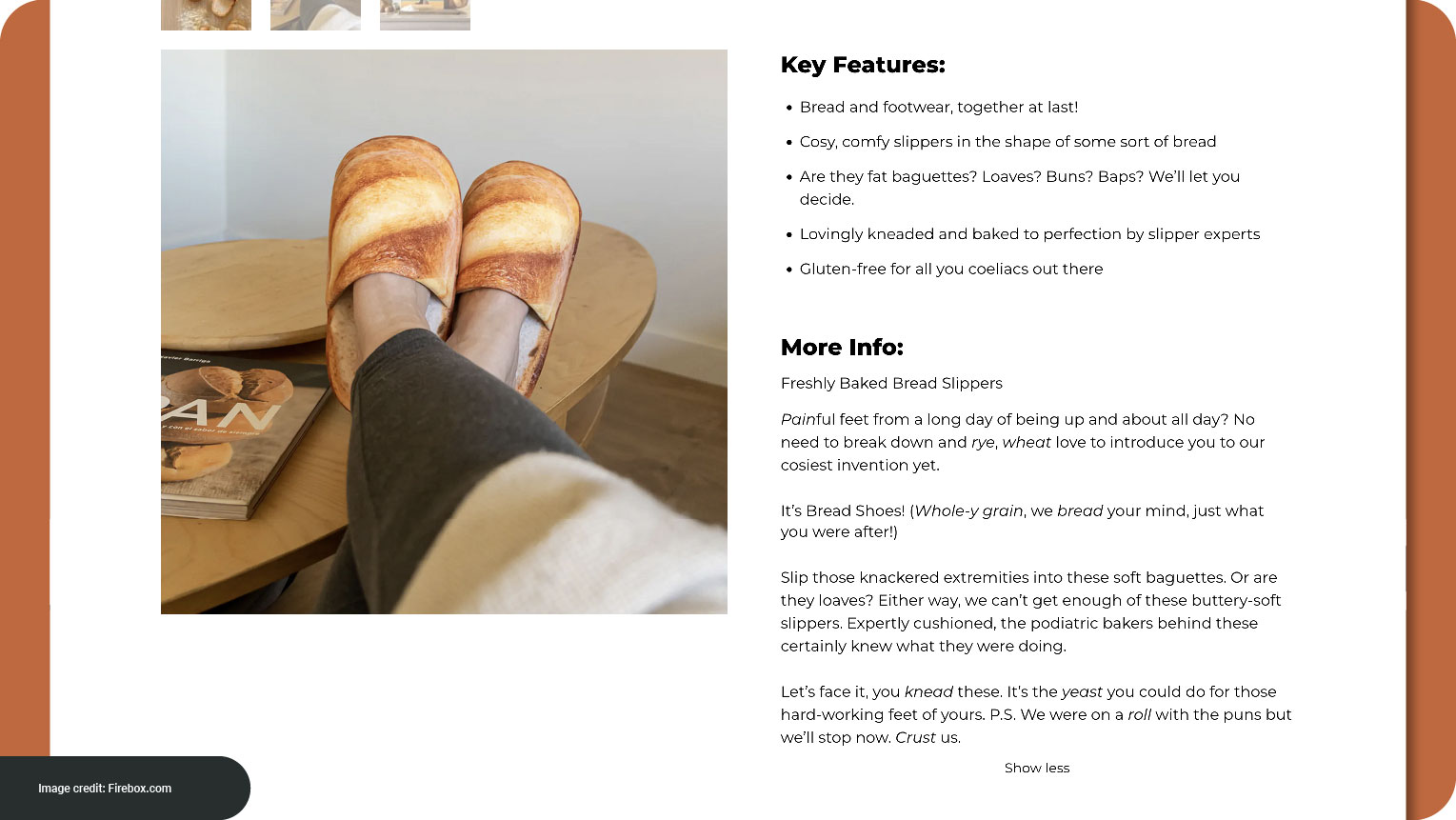 Picture shows a screenshot from Firebox.com with humourous product copy