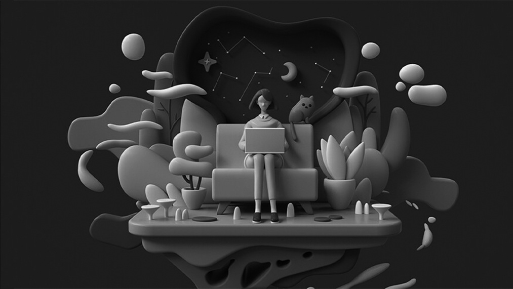 3D animation of girl with laptop and cat