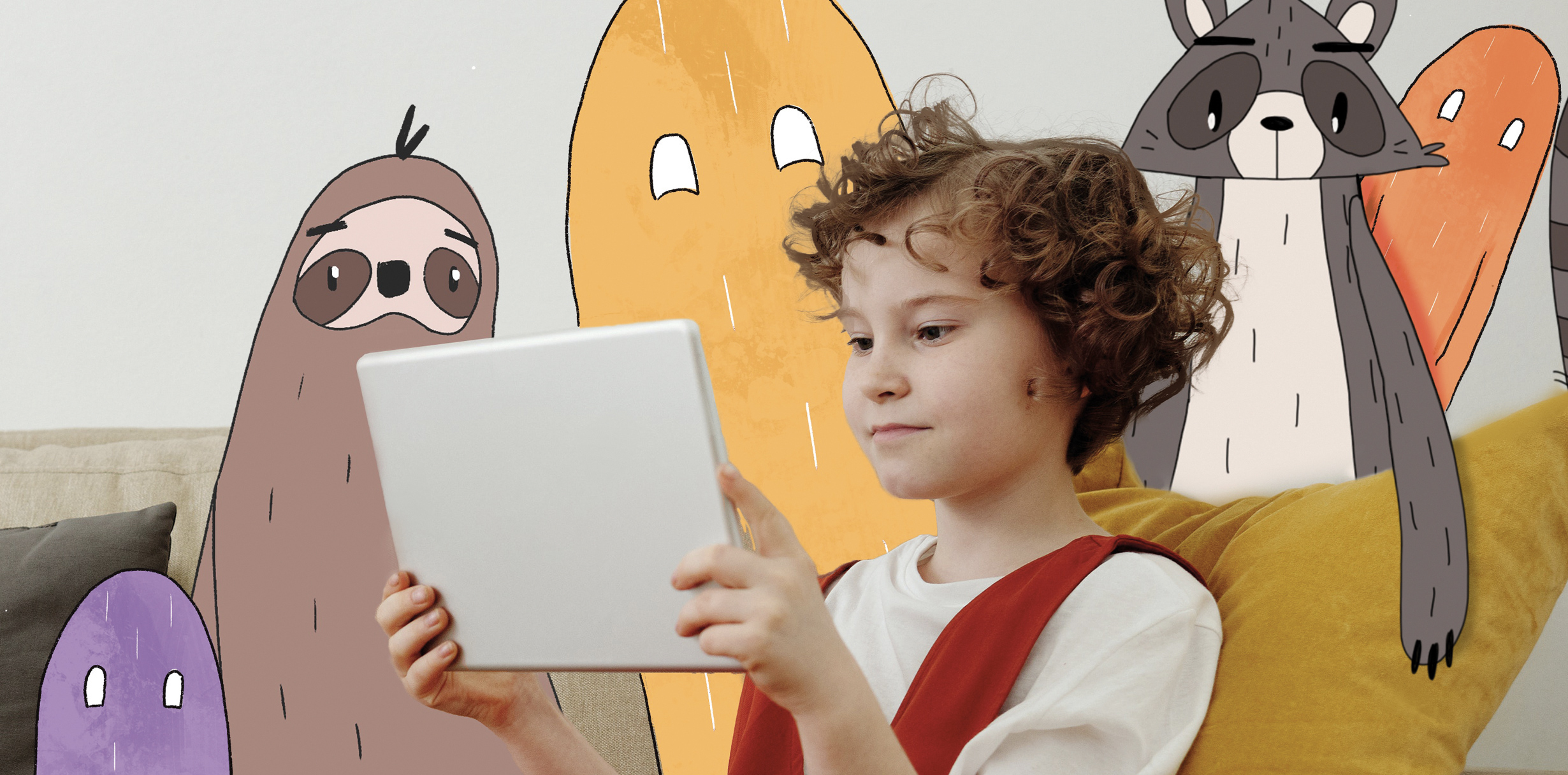A child watching an ipad with sketched characters around her