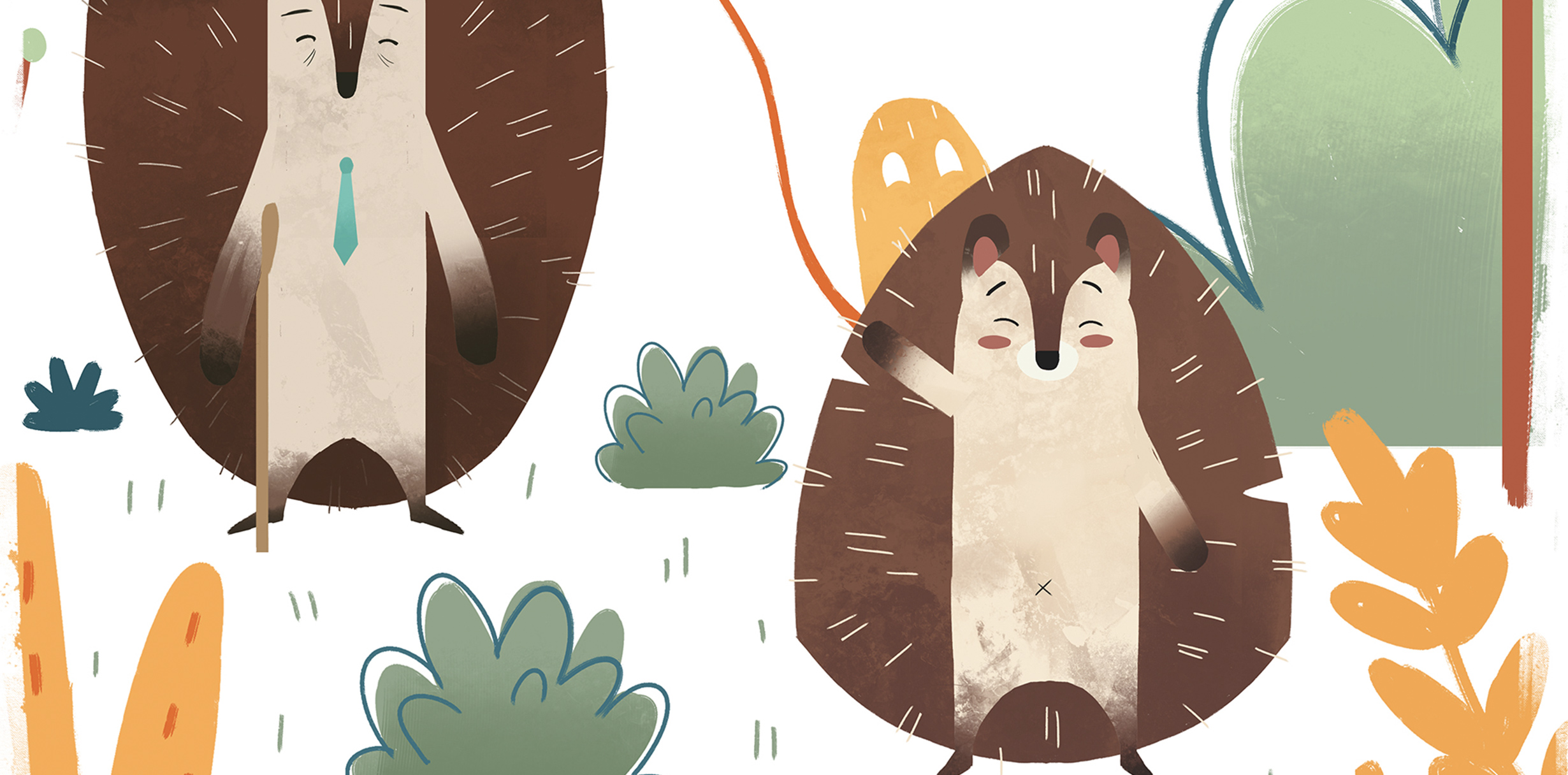 Sketches of happy hedgehogs waving with animated sketched background