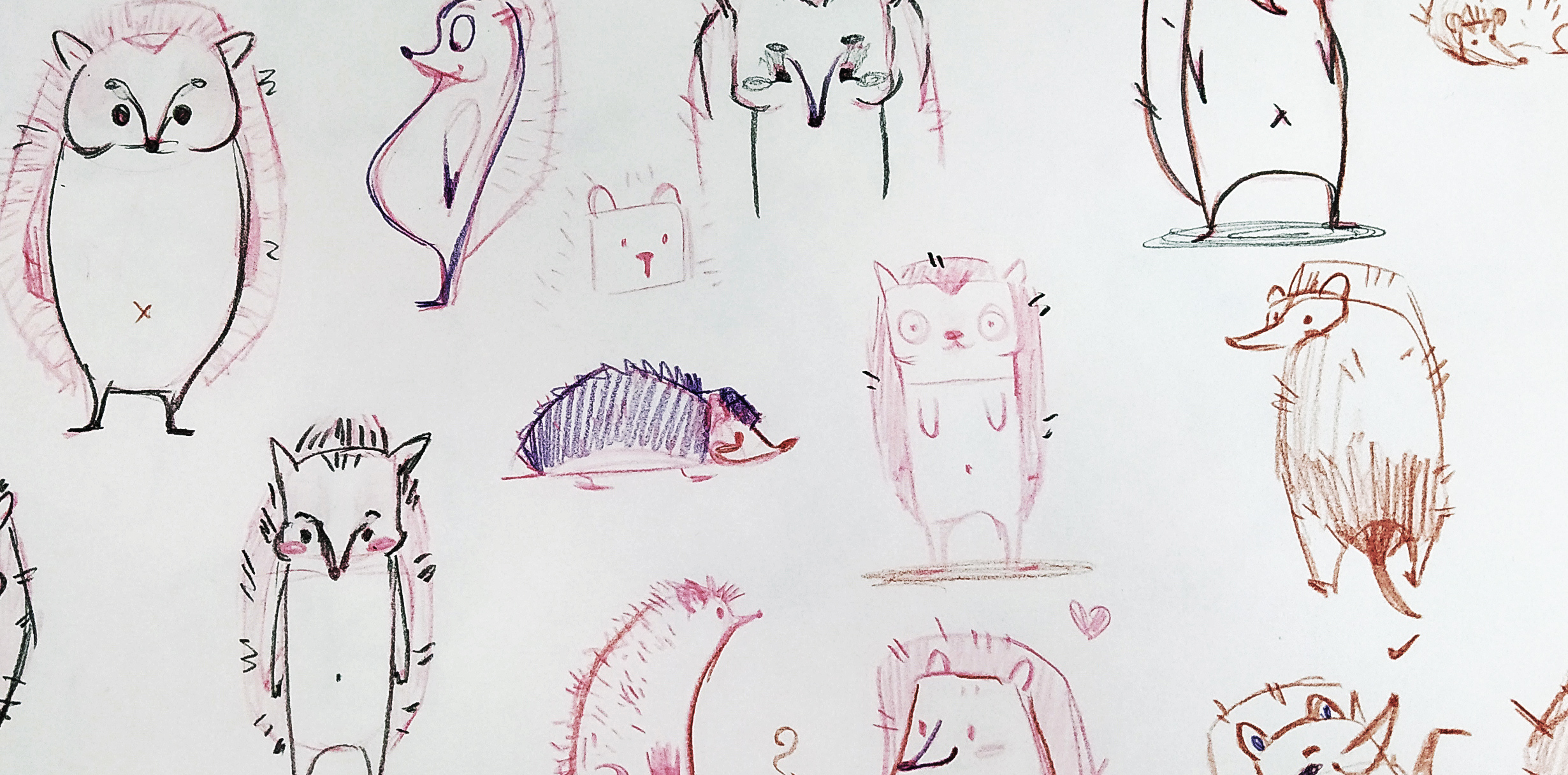 Initial animation sketches of hedgehogs