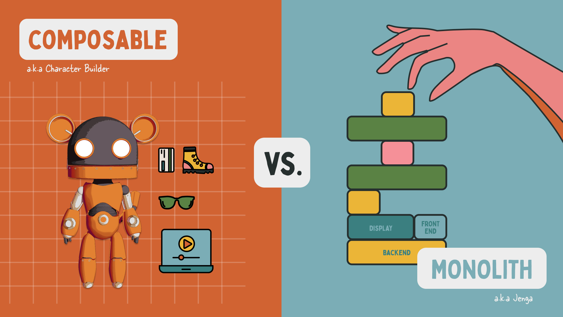 Image of composable (using acharacter builder reference) vs. monolith (using a jenga reference)