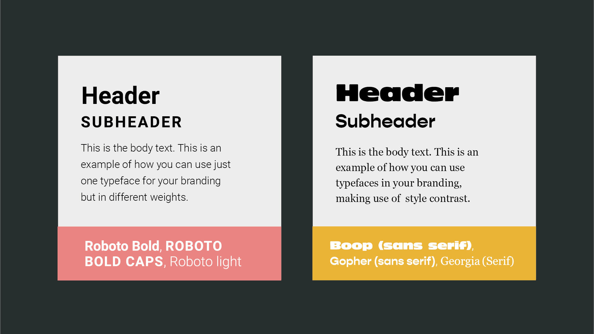 Example of font pairing, on the left is an example of using the same typeface with different weights, on the right is an example of using three different typefaces
