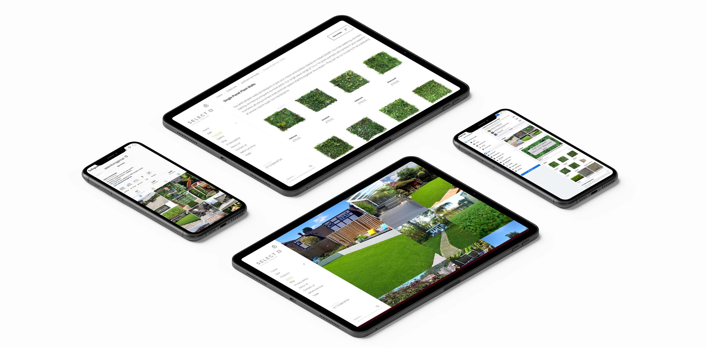 two ipads and two smartphones with select living group socials and website